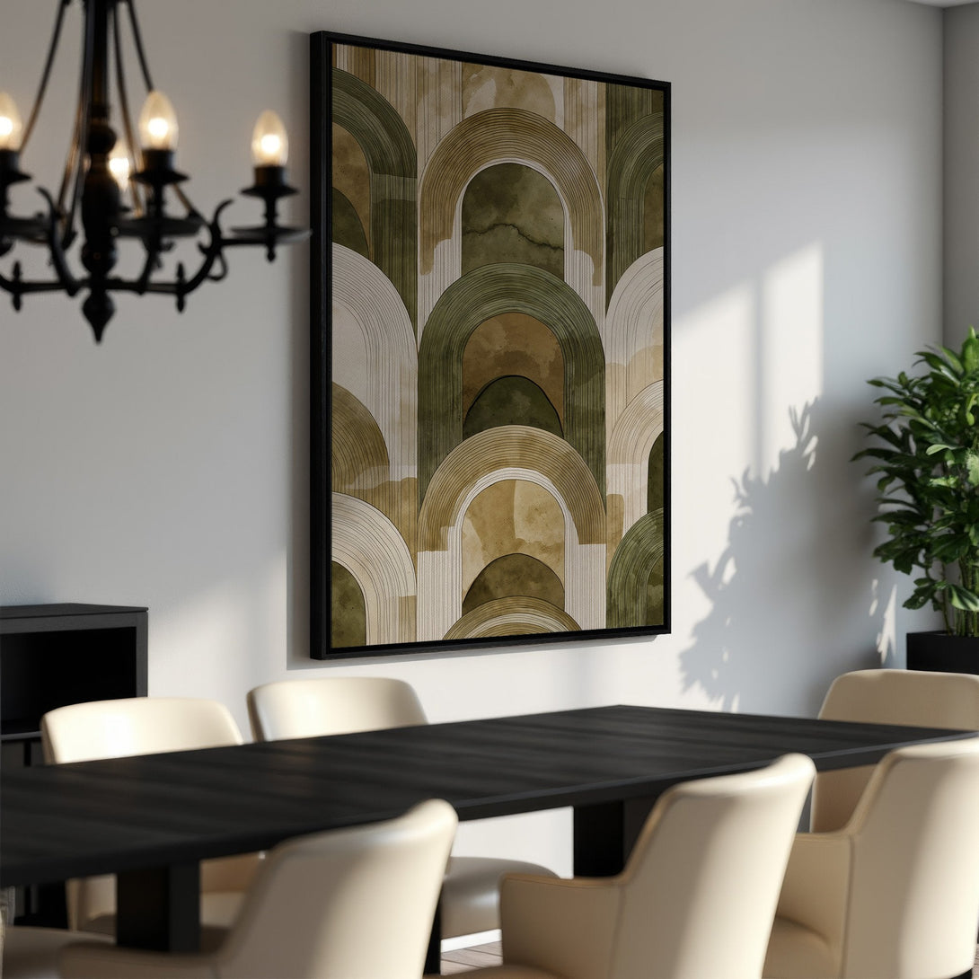 Framed Wall Art featuring an abstract arch design in earthy tones. Modern Canvas Print adds a sophisticated touch to any dining room or living space.