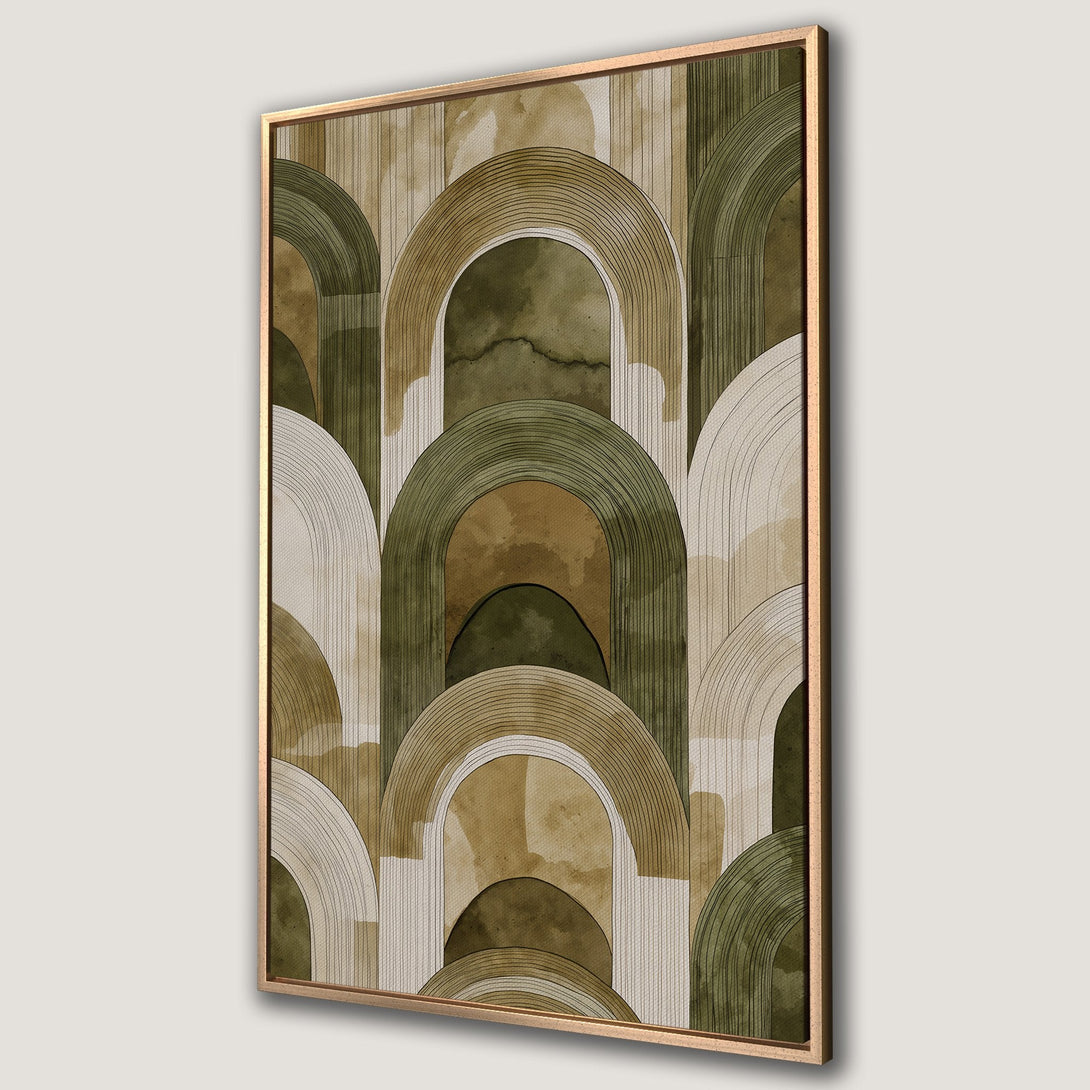 Framed Wall Art featuring an abstract arch design in earthy green and beige tones. Modern art print perfect for adding a touch of elegance to any space.