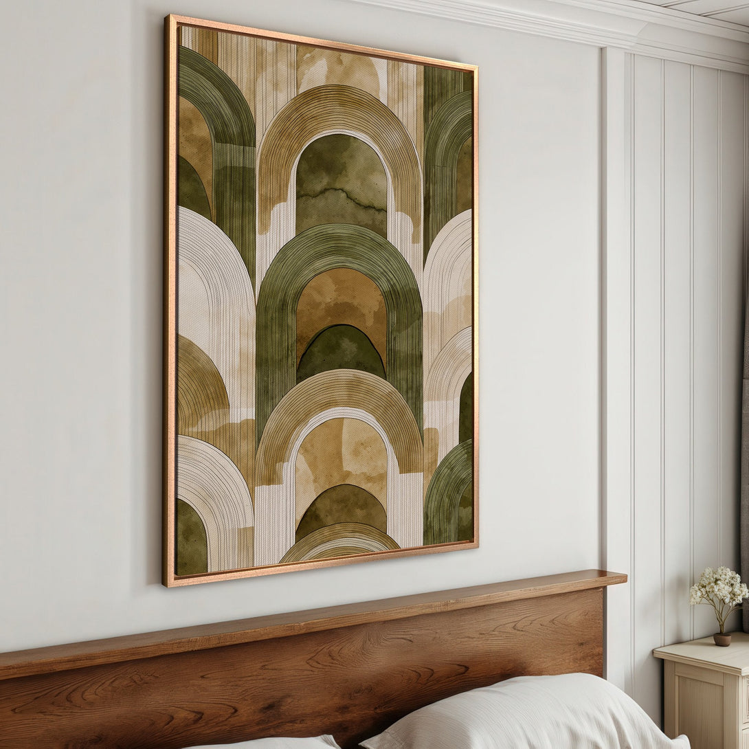 Framed Wall Art featuring an abstract arch design in a warm, earthy color palette of greens, browns, and beige. Perfect for modern home decor.