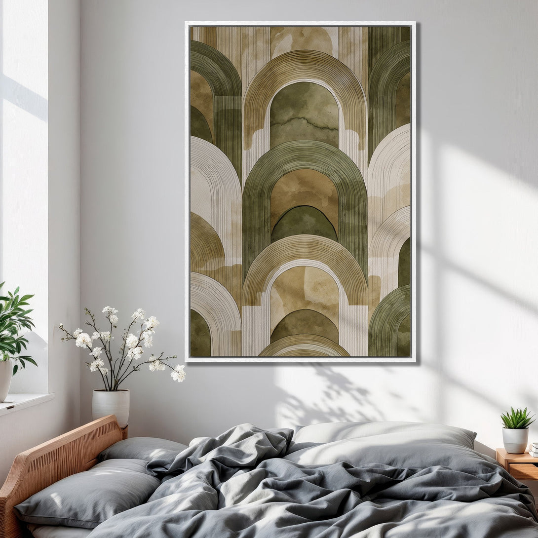 Framed Wall Art featuring an abstract arch design in a neutral, earthy color palette. Perfect for adding modern style to any bedroom.