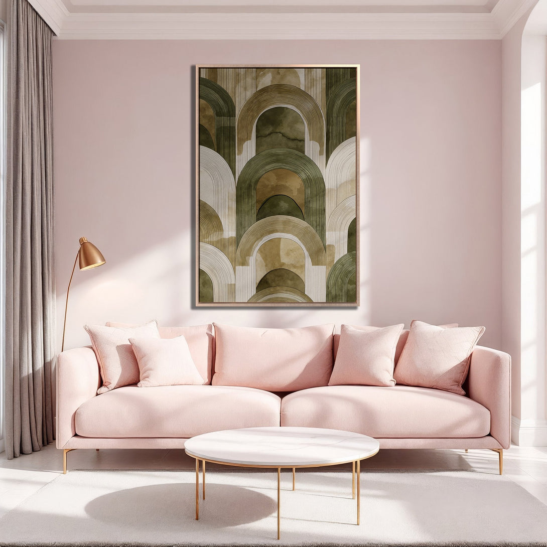 Framed Wall Art featuring abstract arch design in earthy tones. Perfect for adding a touch of modern elegance to your living room. Shop now!