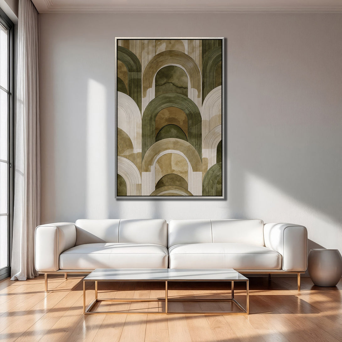 Framed Wall Art featuring an abstract arch design in earthy green and beige tones, perfect for modern interior decor.