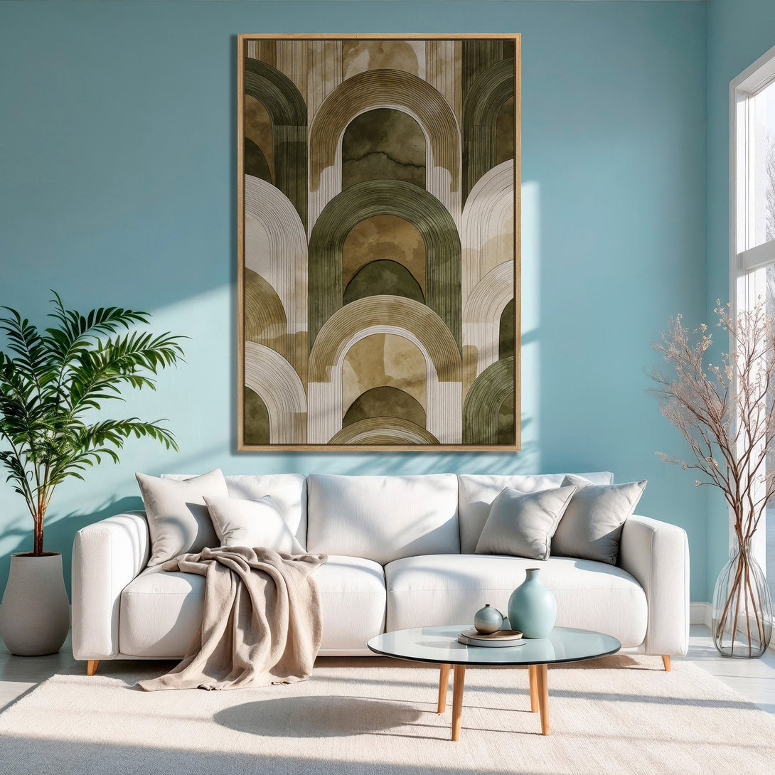Framed Wall Art featuring an abstract arch design in earthy tones. Modern decor inspiration with a calming, neutral color palette.