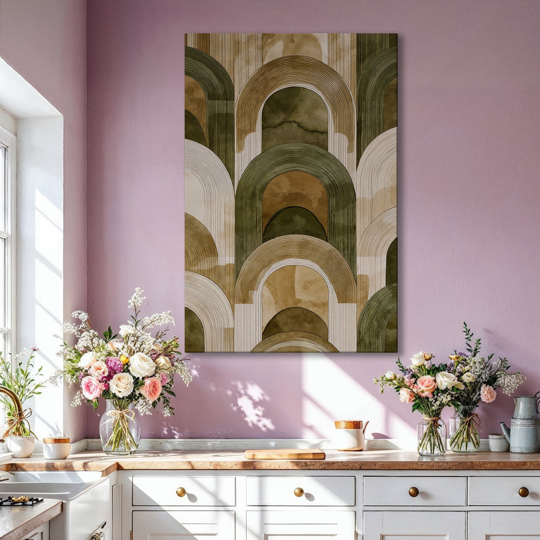 Framed Wall Art: Abstract arch design in earthy tones of green, beige, and brown. Modern art print adds a touch of sophistication to any space.
