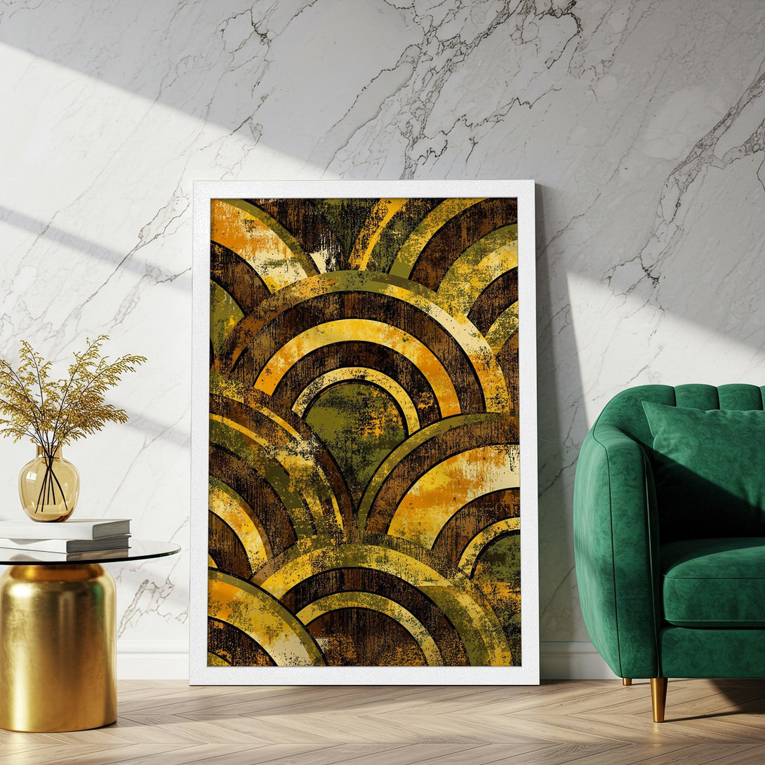 Framed Poster featuring abstract geometric art in earthy tones of brown, yellow, and green. Perfect wall decor!