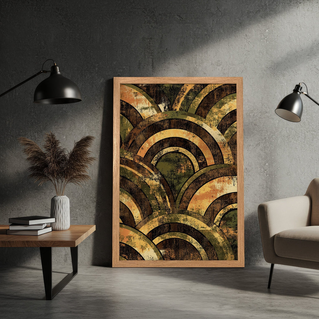 Framed Poster featuring abstract geometric art in earth tones. Modern wall art for home decor.
