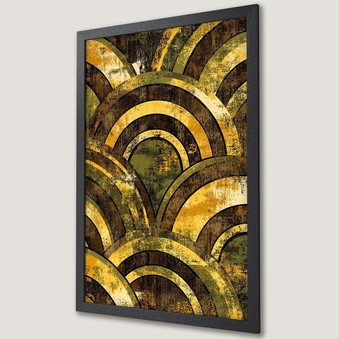 Framed Poster featuring an abstract design with overlapping arches in a warm, earthy color palette of browns, greens, and yellows.