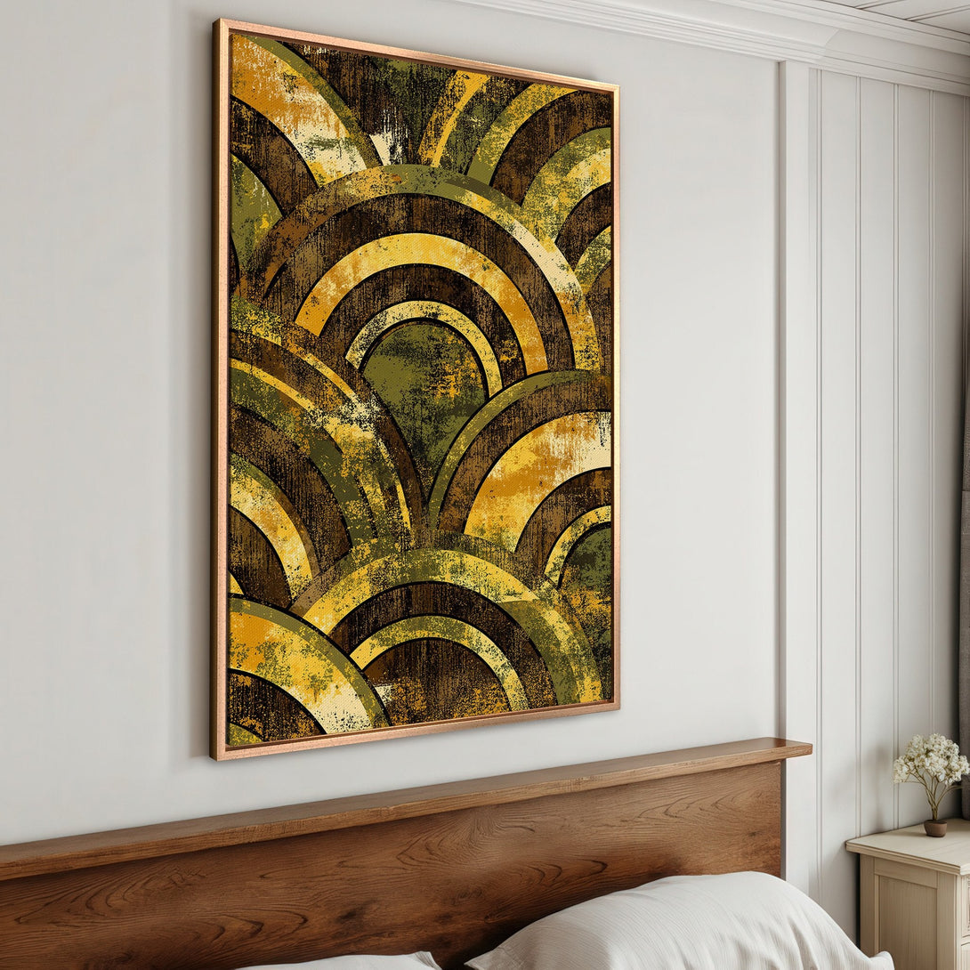 Framed Wall Art featuring an abstract, geometric design in earthy tones of gold, brown, and green. Perfect for adding a touch of modern style to your space.
