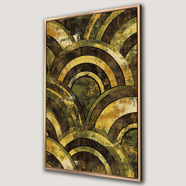Framed Wall Art featuring an abstract design of overlapping arches in a textured, earthy color palette of browns, greens, and golds. Perfect for modern decor.