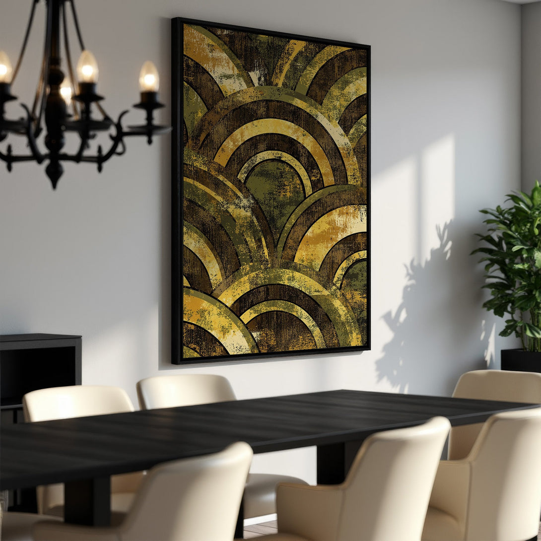 Framed Wall Art featuring an abstract geometric design in a warm, earthy color palette. Perfect for adding a touch of modern art to your dining room.