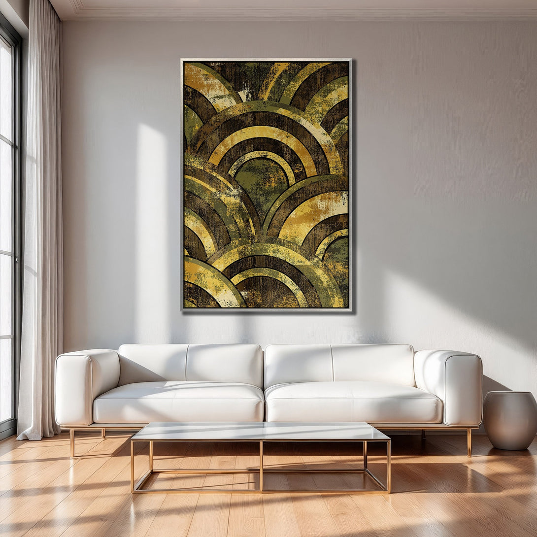 Framed Wall Art: Abstract geometric design in earthy tones of gold, brown, and green. Modern art canvas print adds style to any interior.