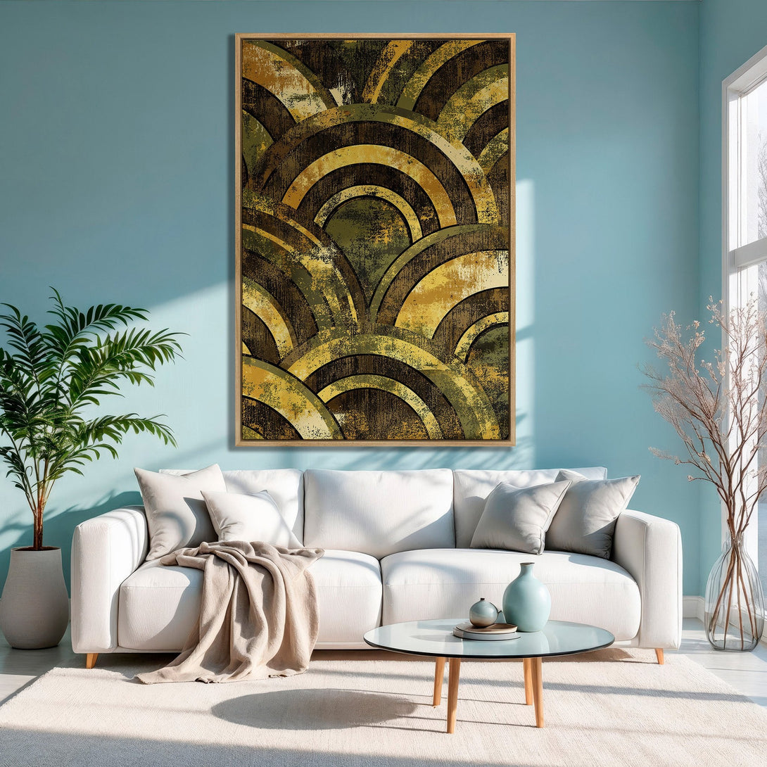 Framed Wall Art featuring an abstract geometric design in warm gold and brown tones, perfect for adding a touch of modern style to your living room.