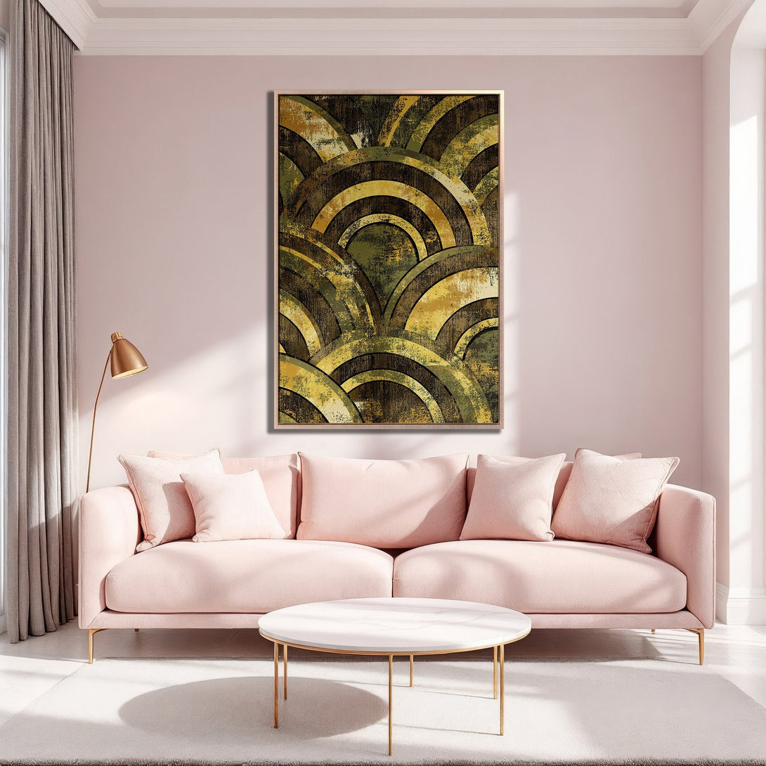 Framed Wall Art: Abstract art print with warm gold, green, and brown tones. Modern decor for living room. Enhance your interior with this stylish canvas print.