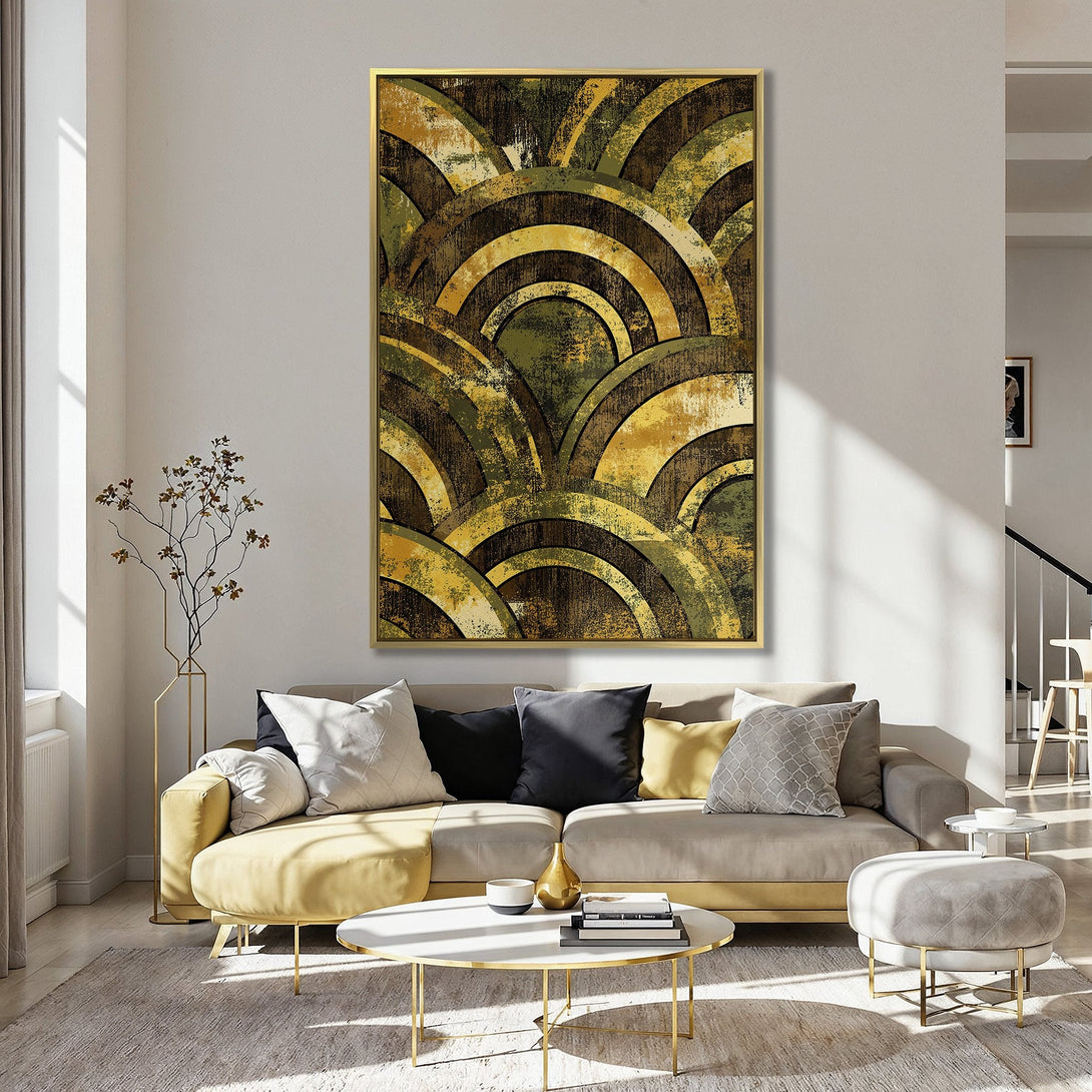 Canvas Print featuring an abstract art deco design in earthy brown and gold tones, displayed in a stylish kitchen interior.