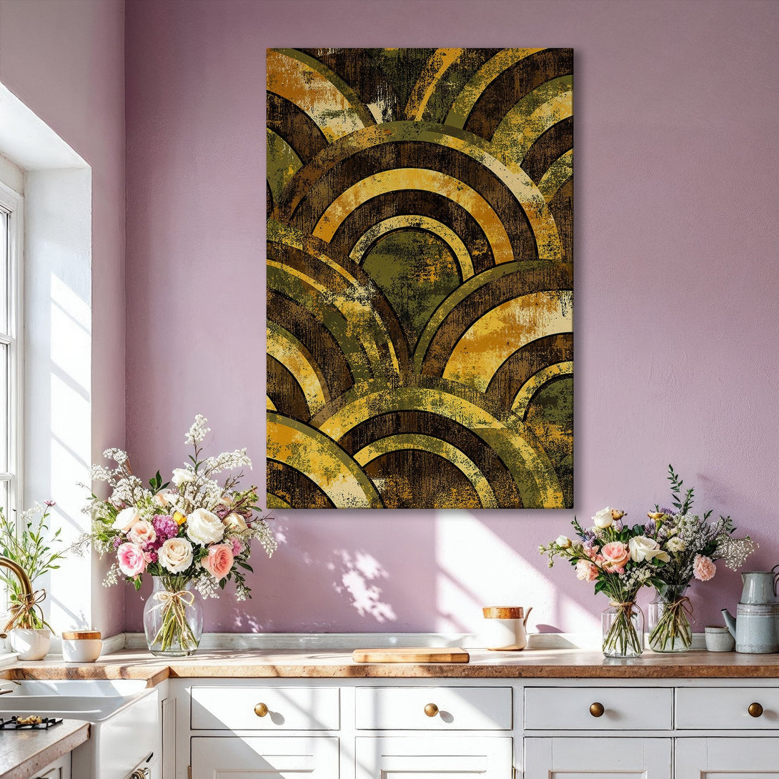 Framed Wall Art featuring an abstract arch design in earthy tones of gold, brown, and green. Modern art for living room decor.