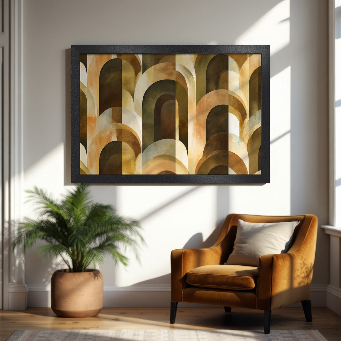 Framed Poster featuring an abstract geometric design in warm earth tones. Perfect for modern home decor!