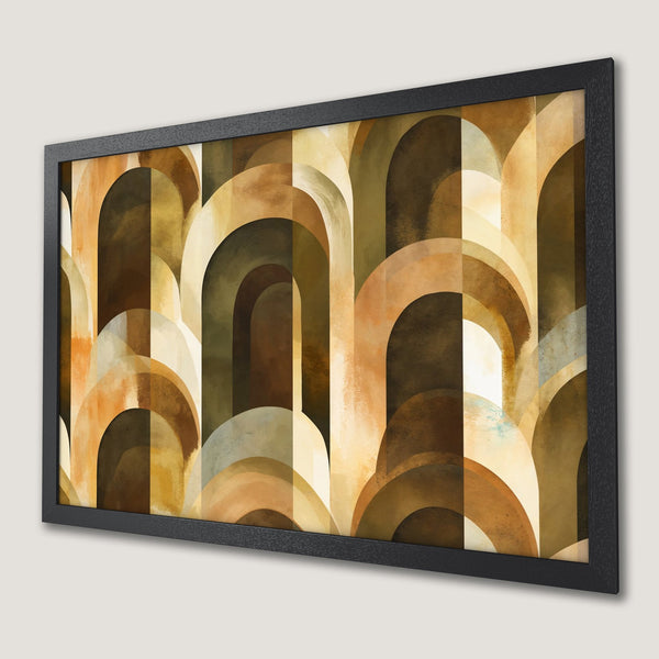 Framed Poster featuring abstract arch design in warm earth tones. Modern art for your home decor.