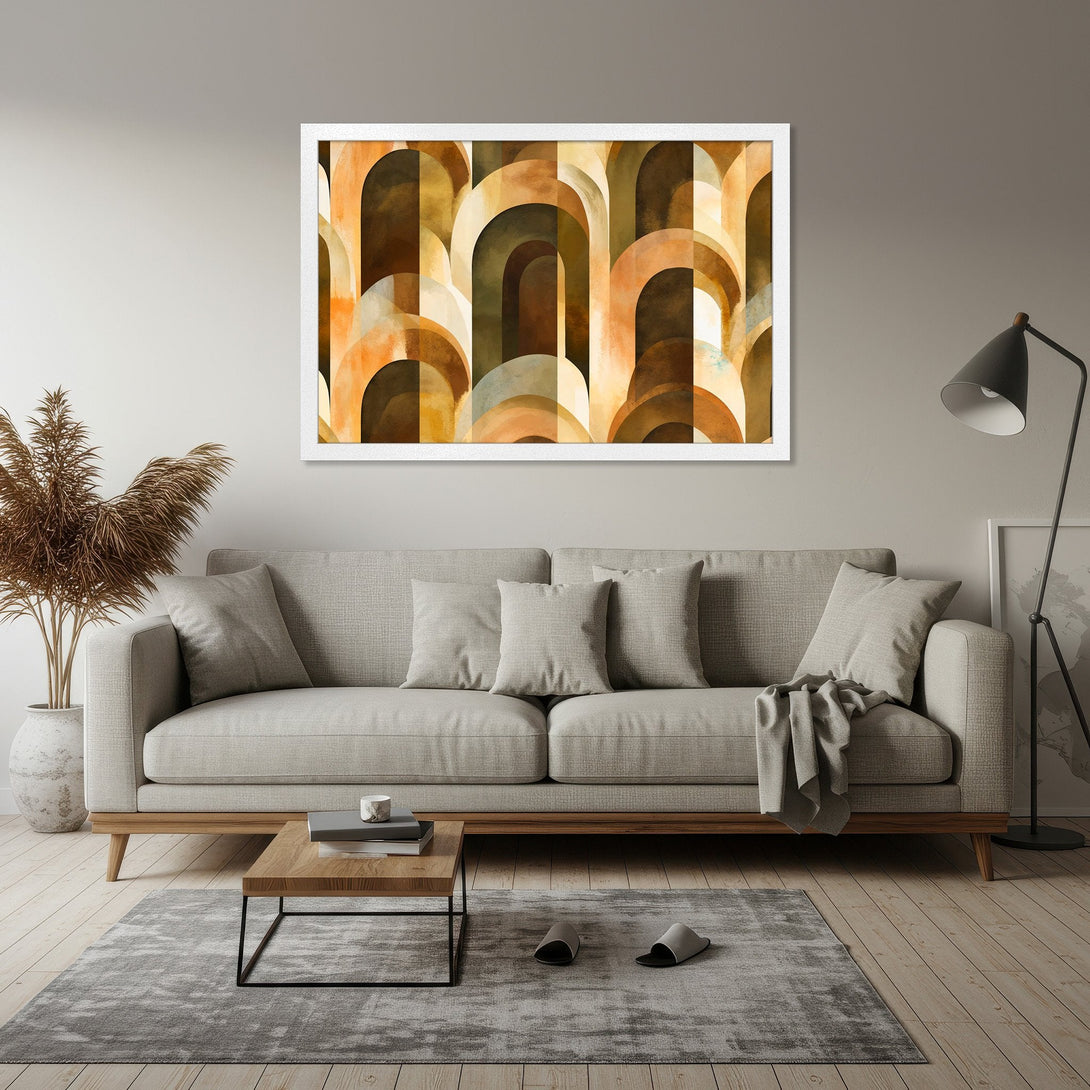 Framed Poster featuring an abstract arch design in warm earth tones. Modern art style, perfect for home decor.