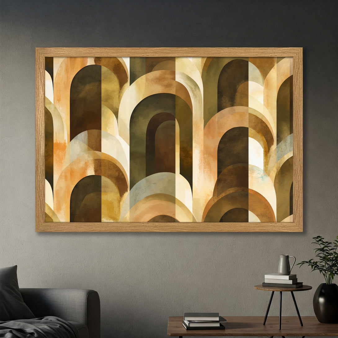 Framed Poster featuring an abstract arch design in warm brown and beige tones. Perfect wall art for modern decor.