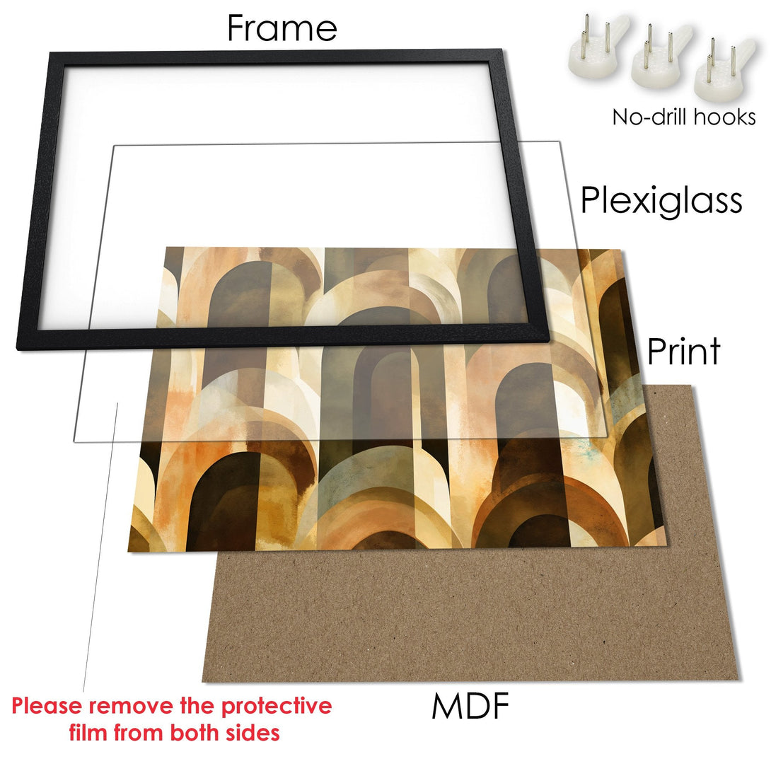 Framed Poster with abstract geometric art in warm earth tones. Modern wall decor for your home.