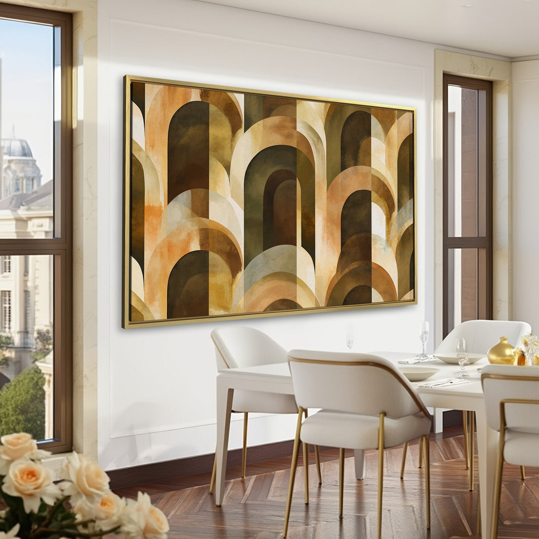 Canvas Print featuring an abstract arch design in warm brown and beige tones, perfect for adding a touch of modern art to your home office.