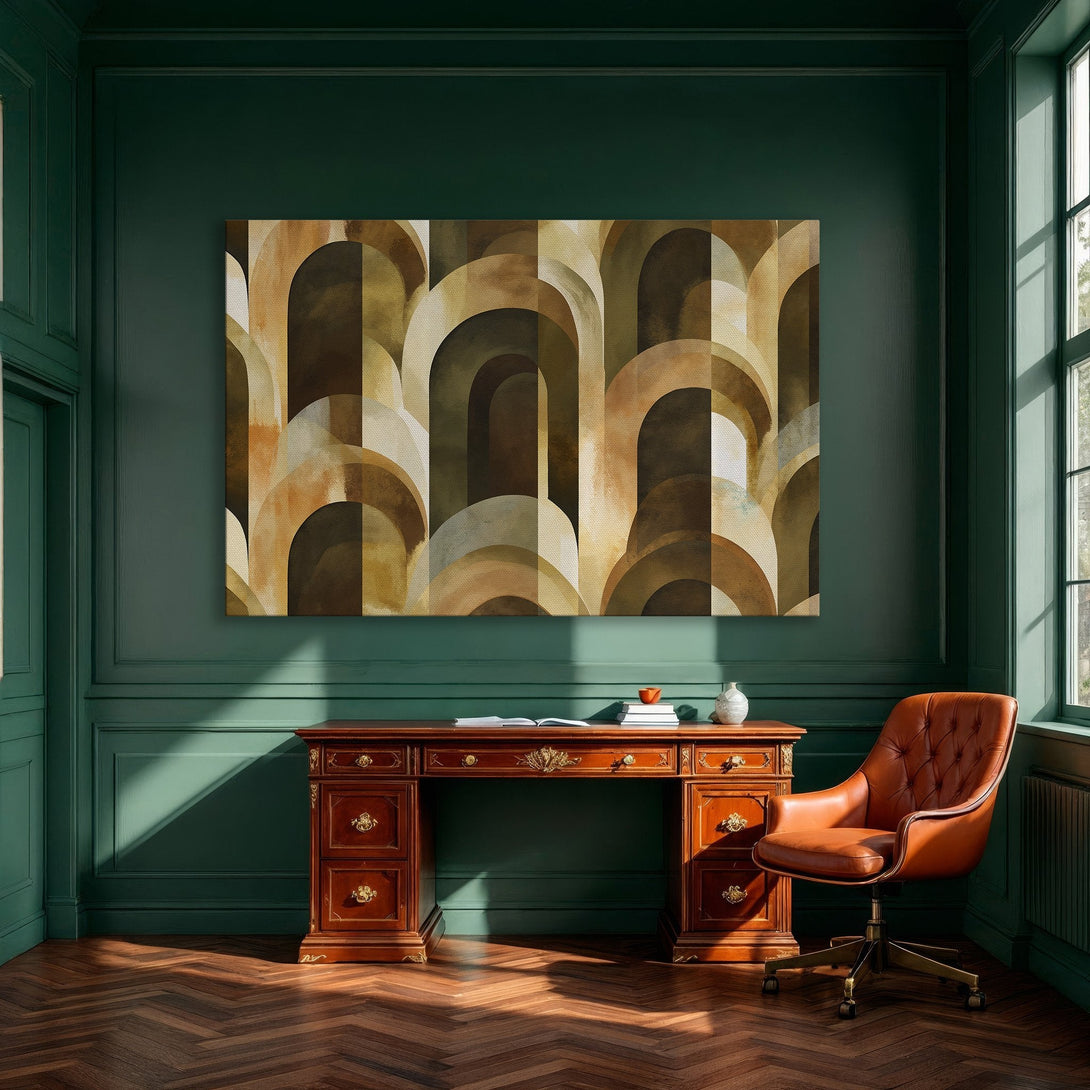 Framed Wall Art featuring an abstract arch design in warm earth tones, perfect for modern dining room decor.