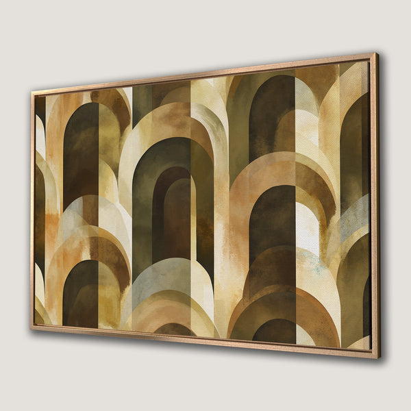Framed Wall Art featuring abstract geometric arches in warm earth tones. Modern art piece perfect for any interior.