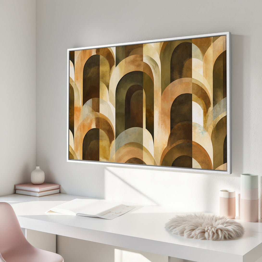 Framed Wall Art featuring a geometric arch design in warm brown and beige tones. Modern art for your home, perfect for a minimalist aesthetic.