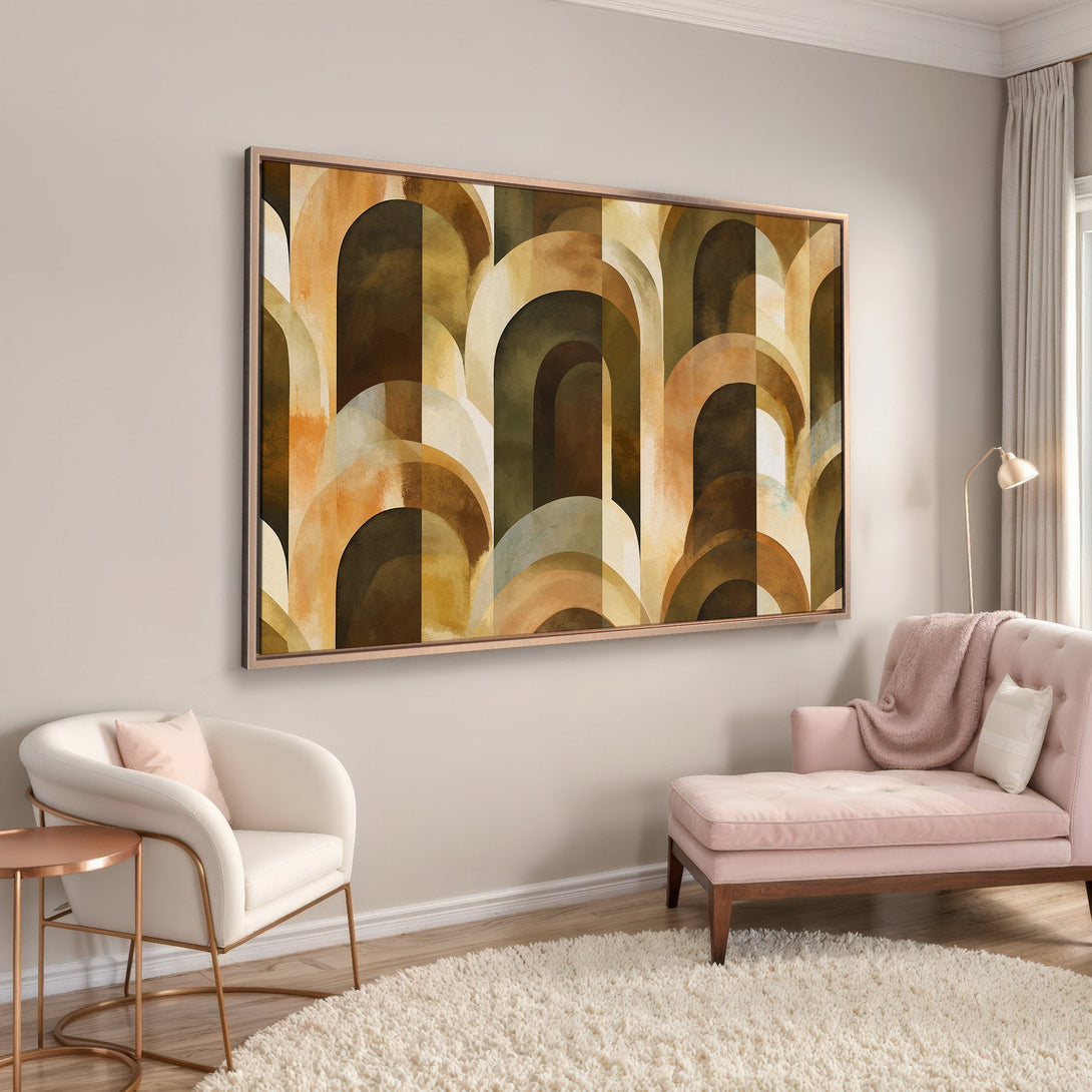 Framed Wall Art featuring an abstract arch design in warm earth tones, perfect for adding a touch of modern style to any interior.