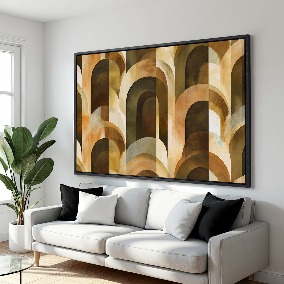 Framed Wall Art featuring an abstract arch design in warm earth tones. Modern art canvas print perfect for living room decor.