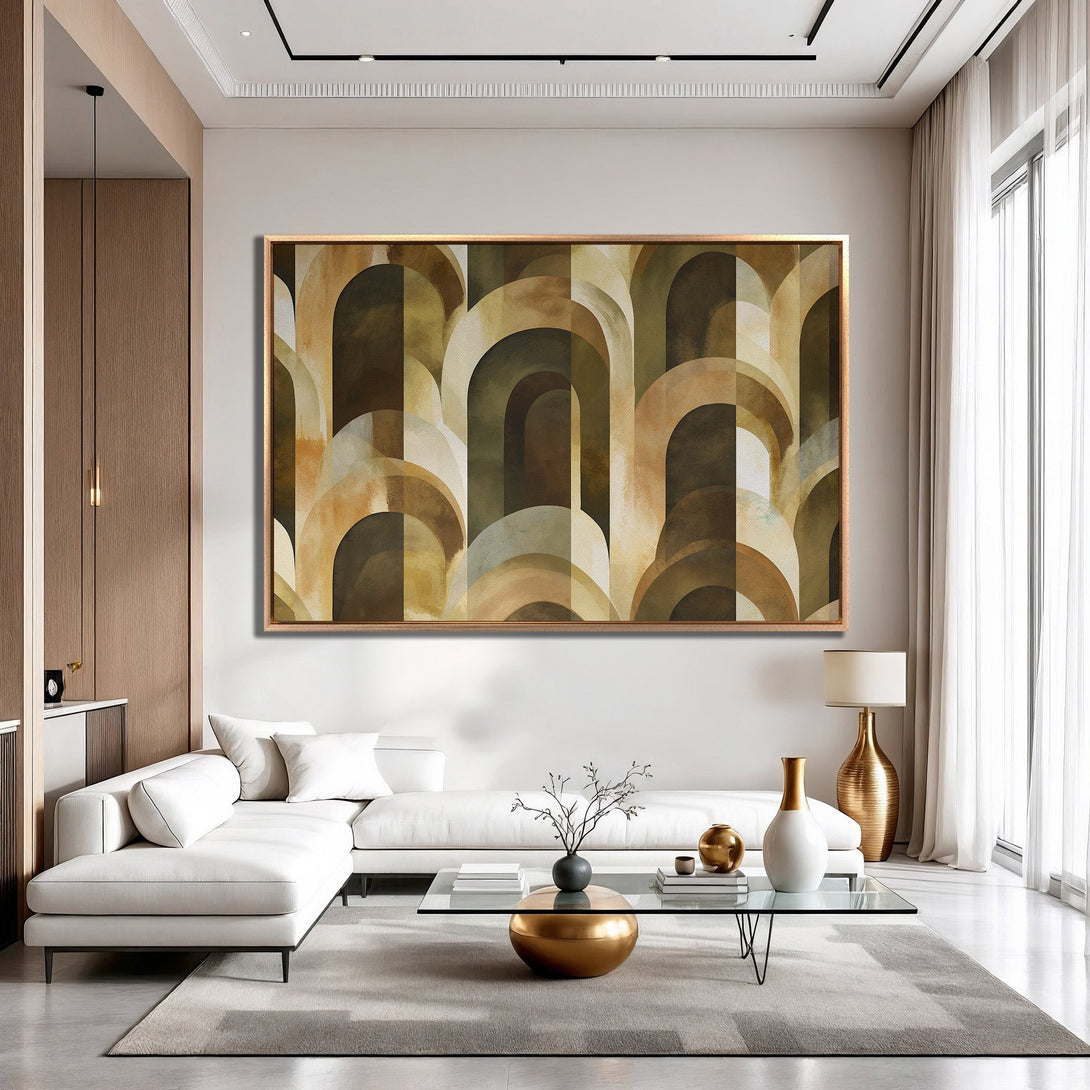 Framed Wall Art featuring an abstract arch design in warm brown and beige tones. Modern art for a stylish living room.