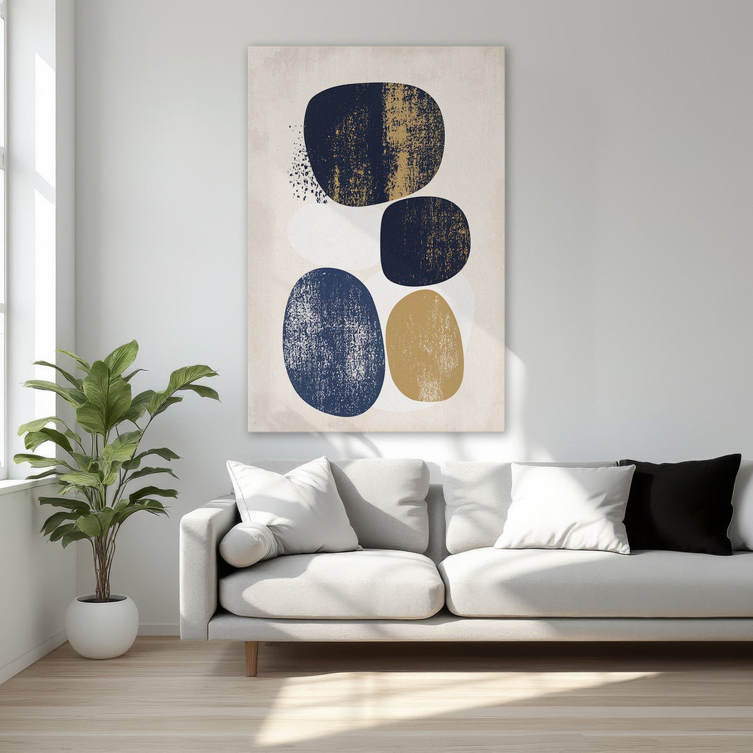 Framed Wall Art featuring abstract shapes in navy, gold, and beige. Modern canvas print adds a touch of elegance to any bedroom decor.