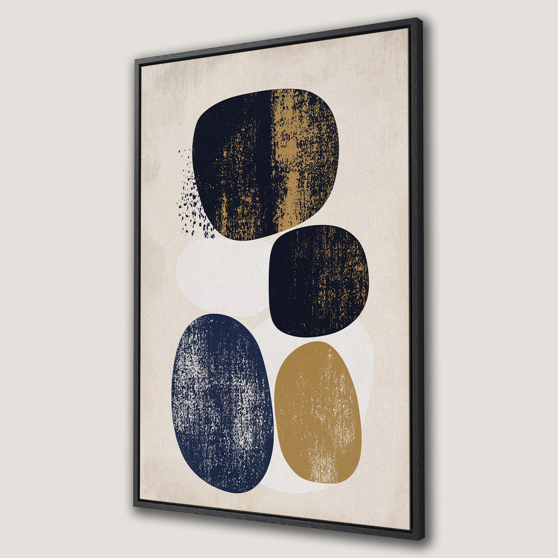 Framed Wall Art featuring abstract shapes in navy, gold, and white on a neutral background. Modern art canvas print for stylish home decor.