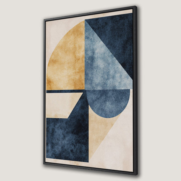 Framed Wall Art featuring abstract geometric art in navy blue, ochre, and beige. Modern canvas print perfect for adding a touch of style to any space.