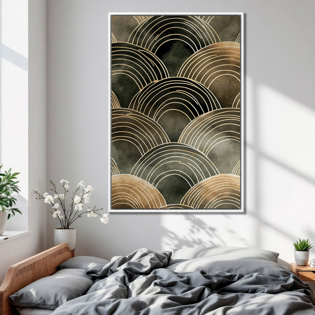 Framed Wall Art featuring an abstract geometric design in gold and dark green tones, perfect for modern bedroom decor.