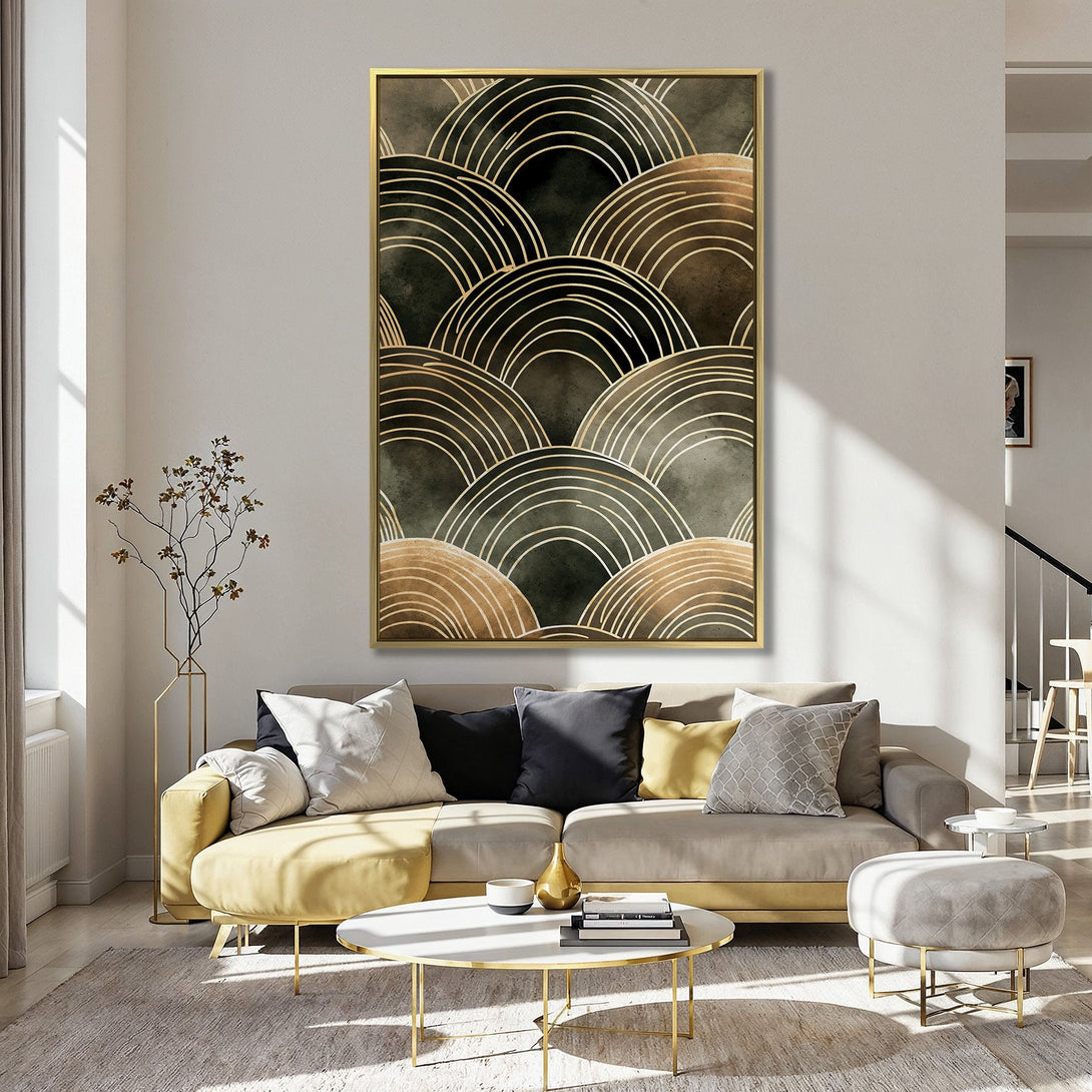 Canvas Print featuring an abstract geometric design in gold and brown tones, adding a touch of modern art to any interior.