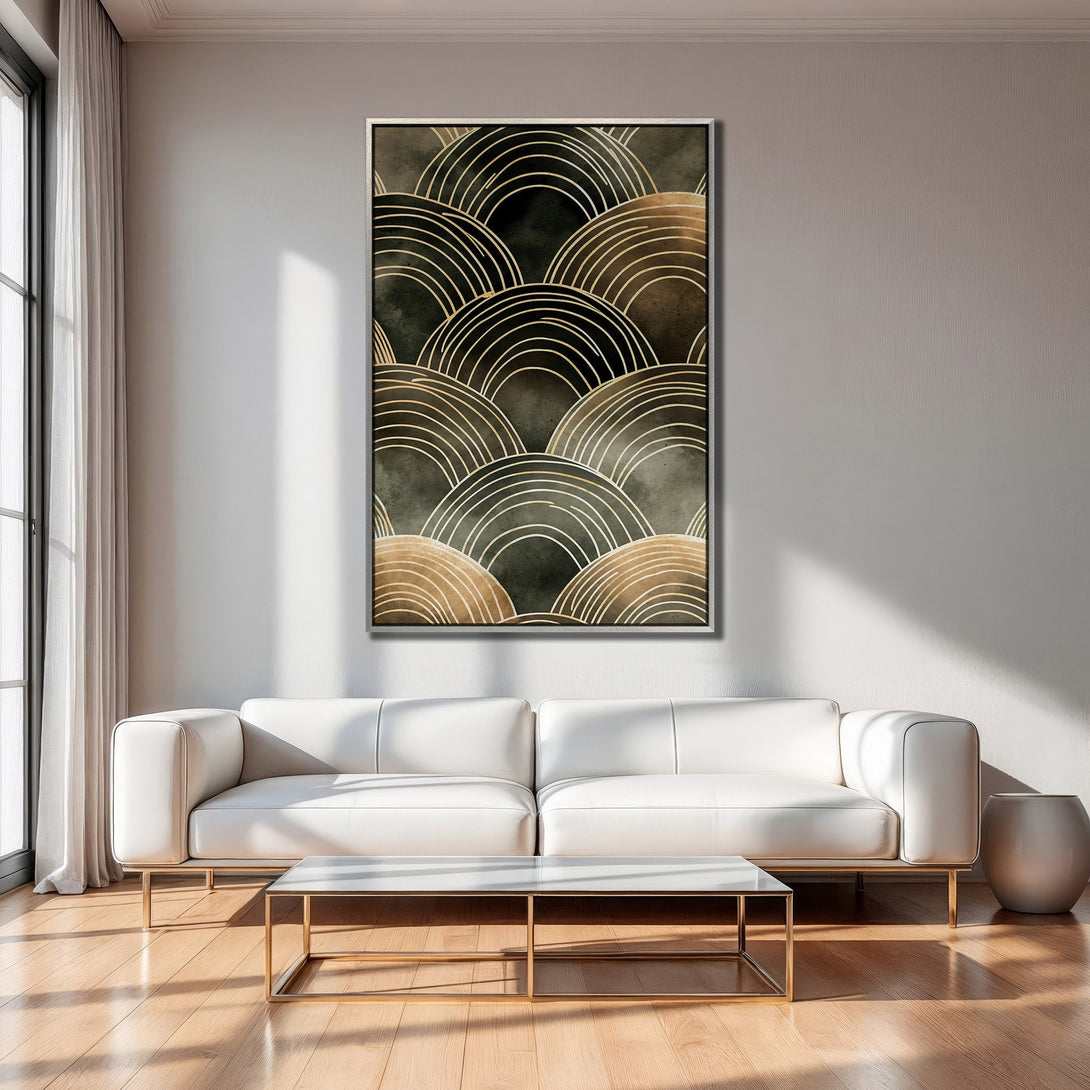 Framed Wall Art featuring an abstract gold and black design. Modern art piece with a neutral color palette, perfect for any interior.