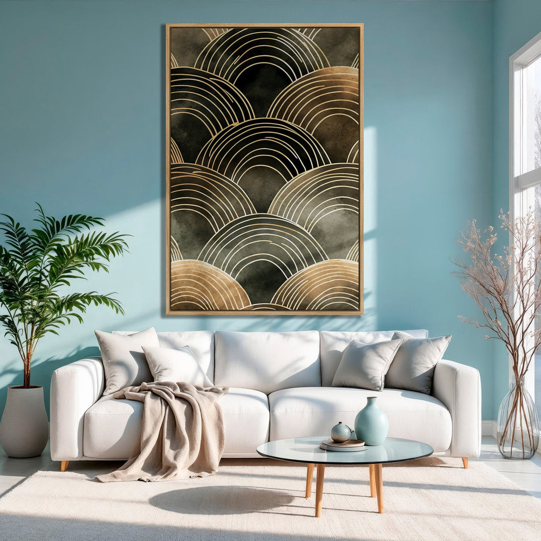 Framed Wall Art featuring a geometric abstract design in gold and black, displayed in a modern living room with a calming blue color palette.