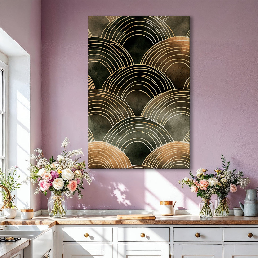Framed Wall Art: Abstract geometric design in gold and olive tones. Modern art canvas print perfect for living room decor.