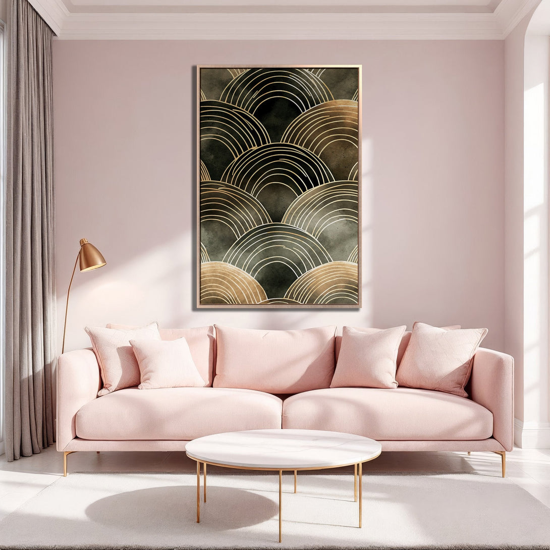 Framed Wall Art: Abstract gold and green art print displayed in a stylish living room. Modern decor with a blush pink and gold color palette.