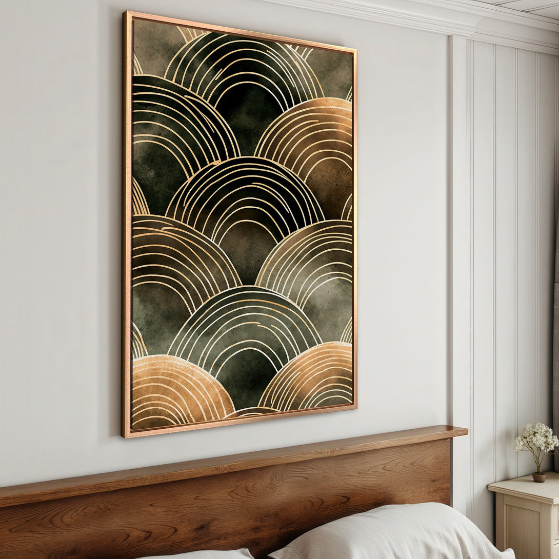 Framed Wall Art: Abstract art print in gold and green tones. Modern, stylish canvas print for bedroom decor. Enhance your space with this unique artwork.