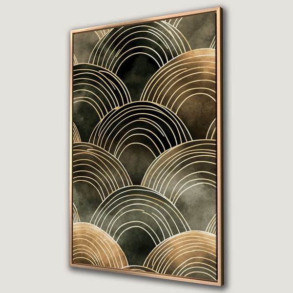 Framed Wall Art featuring an abstract geometric design in a dark green and gold color palette. Perfect for modern decor!