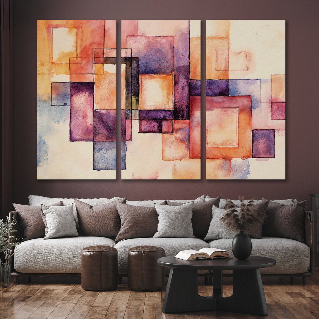 Abstract Canvas Print with geometric shapes in watercolor style. Features warm orange, purple, and cream color palette. Perfect for modern home decor.