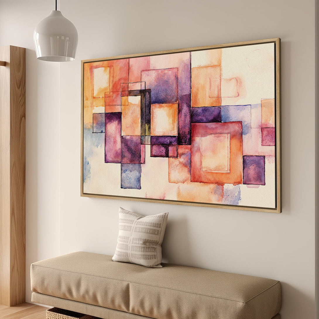 Framed Wall Art featuring an abstract watercolor design in a warm, inviting palette of orange, purple, and pink. Perfect for modern home decor.
