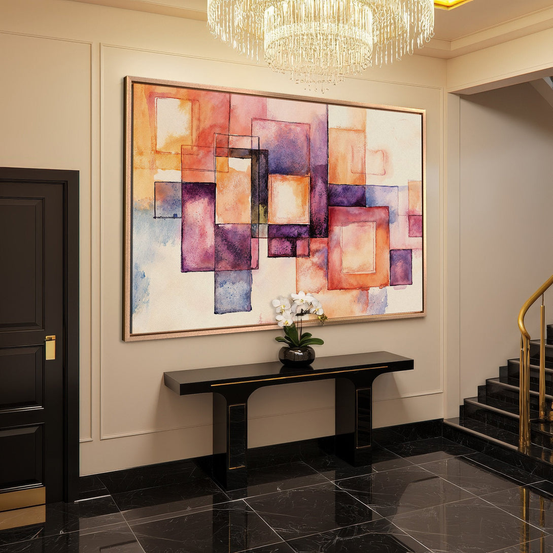 Framed Wall Art: Abstract watercolor painting in warm orange, purple, and blue hues. Modern art for your home decor.