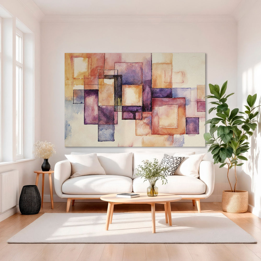 Framed Wall Art featuring abstract watercolor squares in warm orange, purple, and pink hues. Modern art for your home decor.