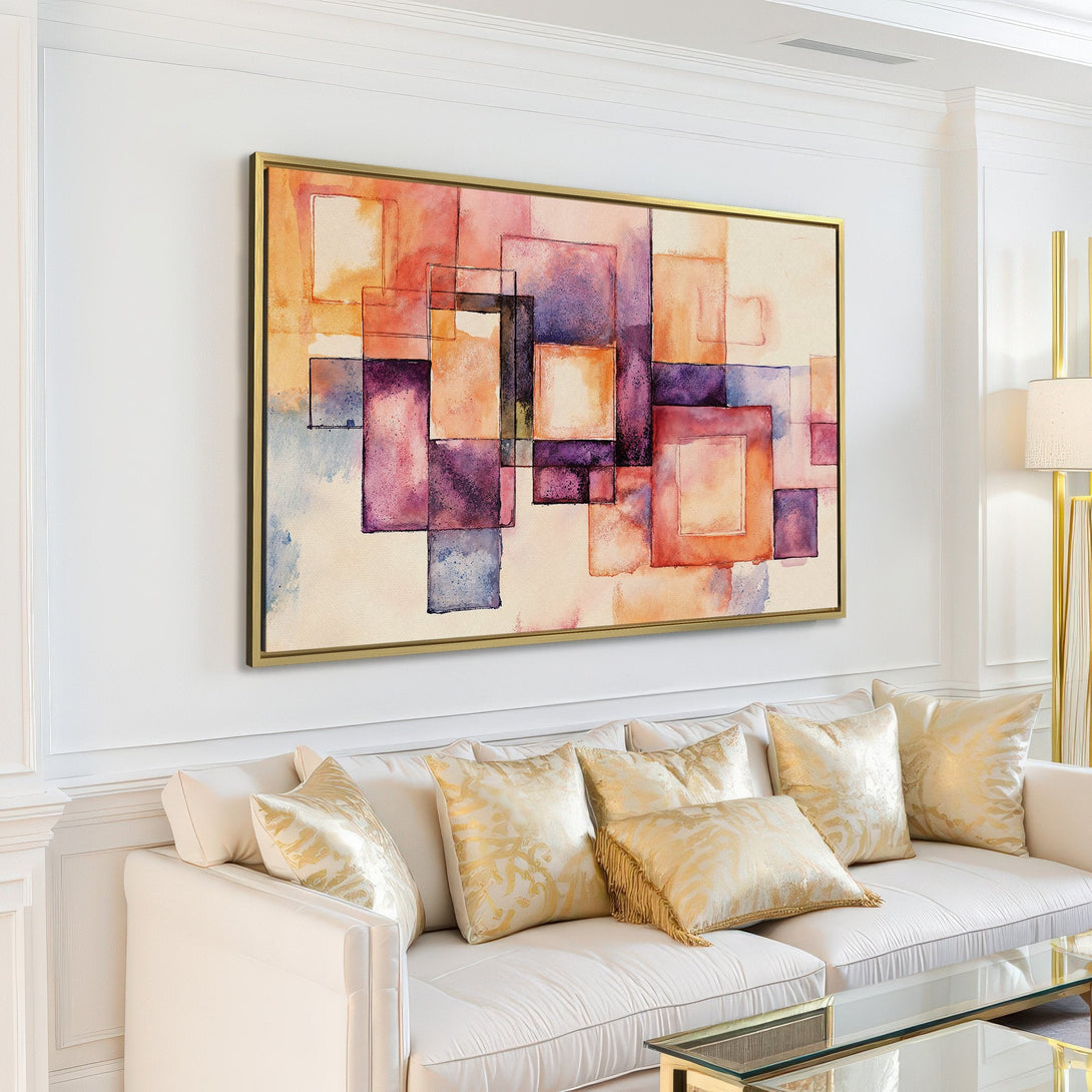 Canvas Print: Abstract watercolor art in warm orange, purple, and beige tones. Modern wall decor adds style to a bright living room interior.