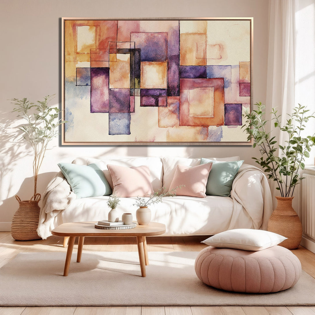 Framed Wall Art featuring an abstract watercolor design in warm, inviting tones of peach, purple, and beige. Perfect for modern home decor.