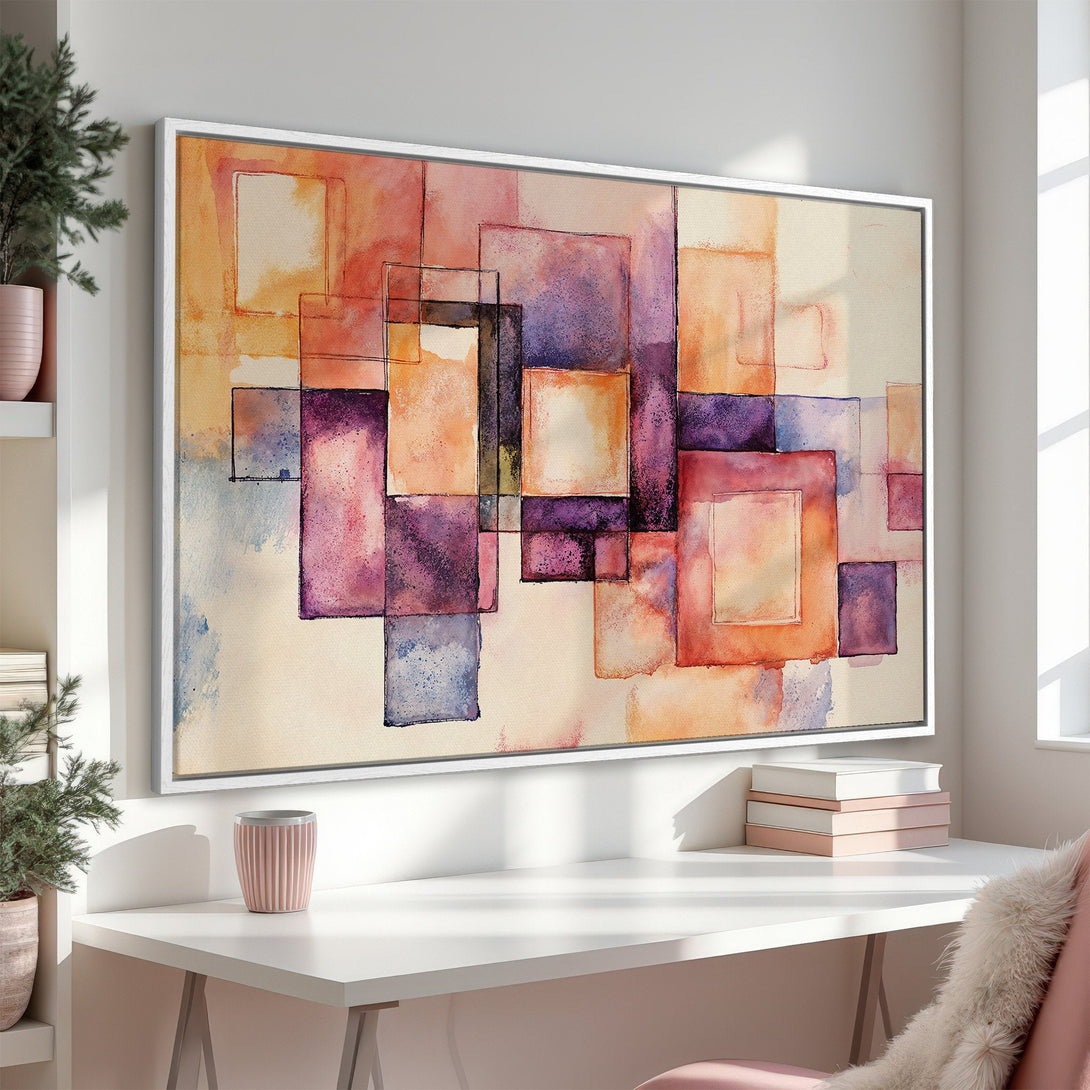 Framed Wall Art: Abstract watercolor art print with geometric shapes in warm orange, purple, and beige tones. Modern wall decor for a stylish interior.