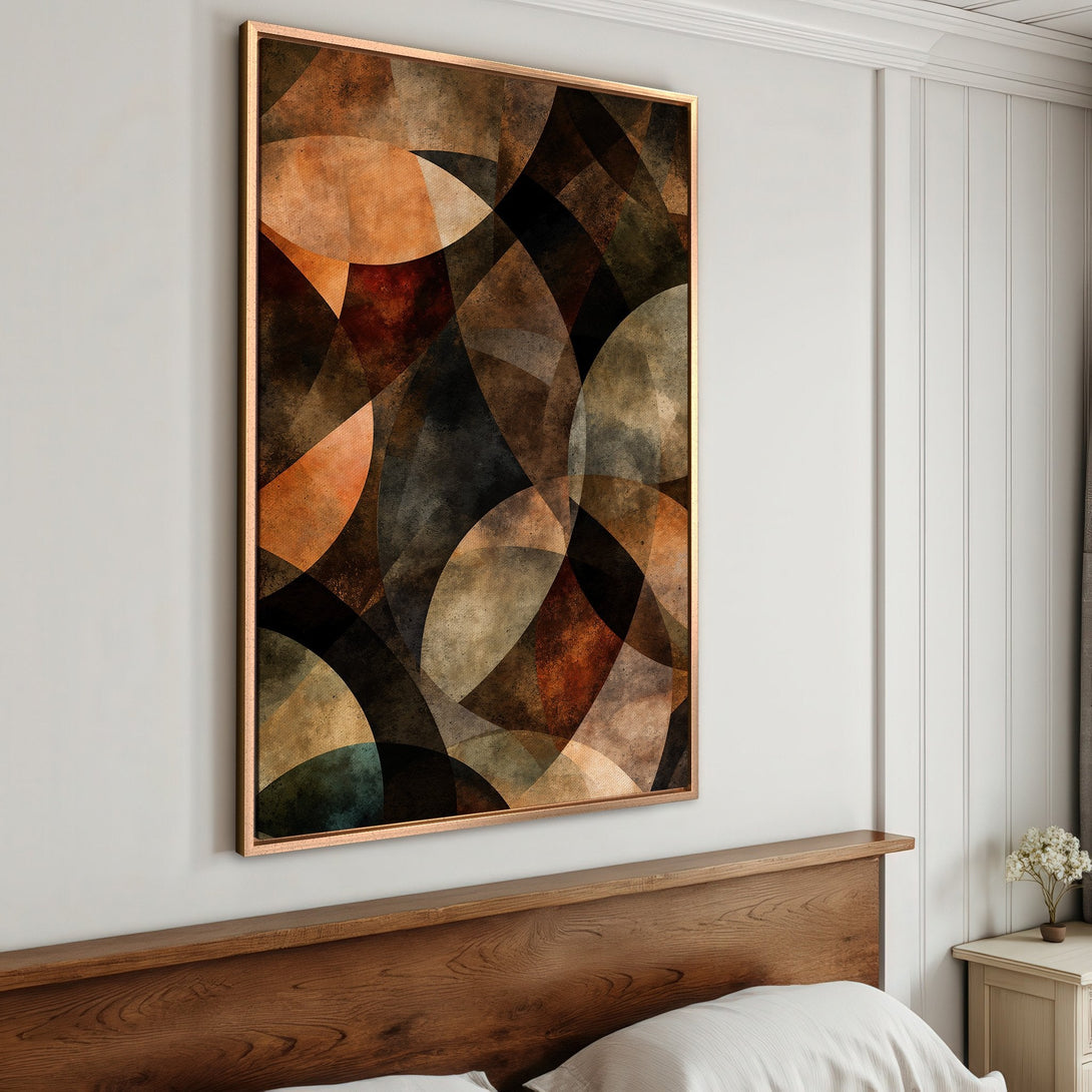 Framed Wall Art featuring abstract geometric design in warm earth tones. Perfect for adding a touch of modern style to your bedroom decor.